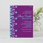 Bat Mitzvah Einladungen Allison Blume PurpleBlue (Stehend Vorderseite)