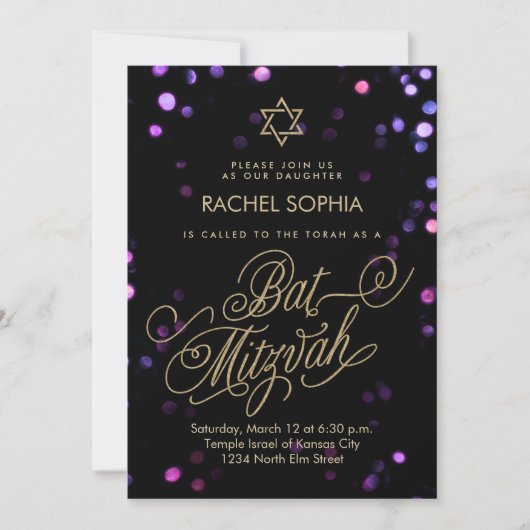 Bat Mitzvah Einladungen | Elegant Lila & Gold (Vorderseite)