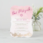 Bat Mitzvah Einladungen | Rosa und goldener Glitze (Stehend Vorderseite)