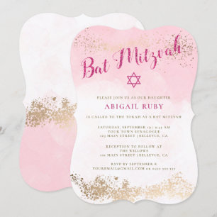 Bat Mitzvah Einladungen   Rosa und goldener Glitze