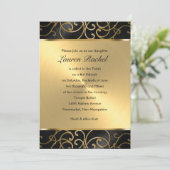 Bat Mitzvah Elegant Black and Gold Filigree Einladung (Stehend Vorderseite)