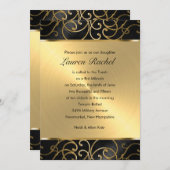Bat Mitzvah Elegant Black and Gold Filigree Einladung (Vorne/Hinten)