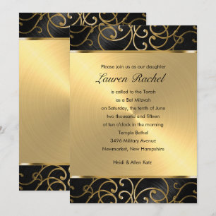 Bat Mitzvah Elegant Black and Gold Filigree Einladung