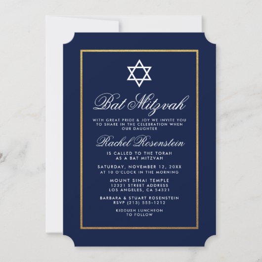 Bat Mitzvah Elegant Blauer und Gold Einladung (Vorderseite)