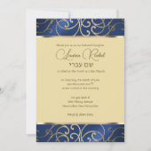 Bat Mitzvah Elegant Blue and Gold Filigree Einladung (Vorderseite)