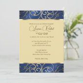 Bat Mitzvah Elegant Blue and Gold Filigree Einladung (Stehend Vorderseite)