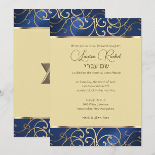 Bat Mitzvah Elegant Blue and Gold Filigree Einladung