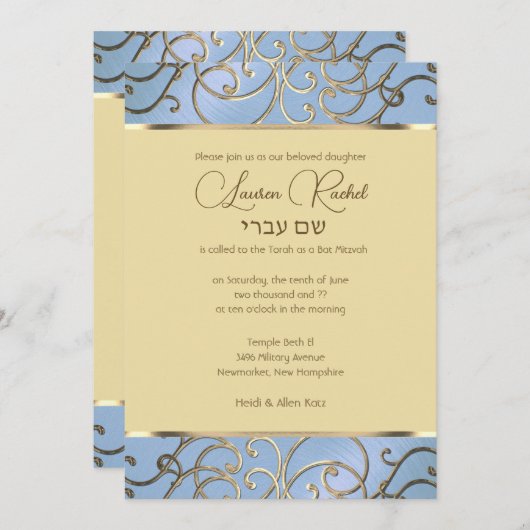 Bat Mitzvah Elegant Dusty Blue und Gold Filigree Einladung (Vorne/Hinten)