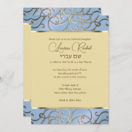 Bat Mitzvah Elegant Dusty Blue und Gold Filigree Einladung