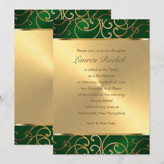 Bat Mitzvah Elegant Emerald Green Gold Filigree Einladung (Vorne/Hinten)