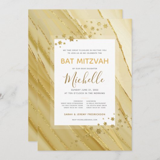Bat Mitzvah Elegant Gold Glitzer Einladung (Vorne/Hinten)