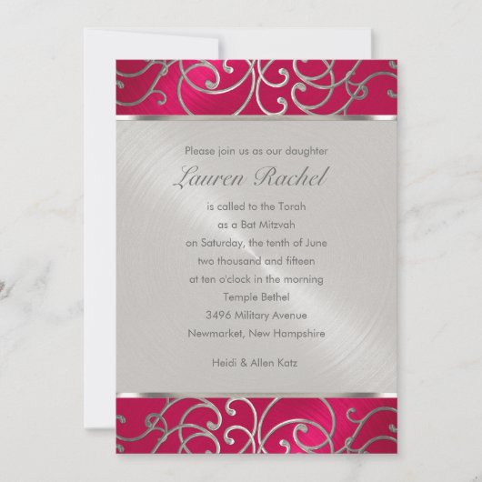 Bat Mitzvah Elegant Magenta Pink Silver Filigree Einladung (Vorderseite)