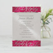 Bat Mitzvah Elegant Magenta Pink Silver Filigree Einladung (Stehend Vorderseite)