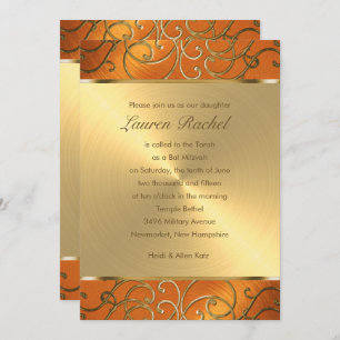 Bat Mitzvah Elegant Orange und Gold Filigree Einladung