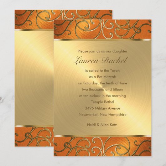 Bat Mitzvah Elegant Orange und Gold Filigree Einladung (Vorne/Hinten)