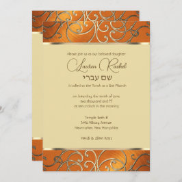 Bat Mitzvah Elegant Orange und Gold Filigree Einladung