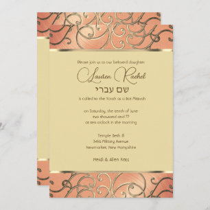 Bat Mitzvah Elegant Peach und Gold Filigree Einladung