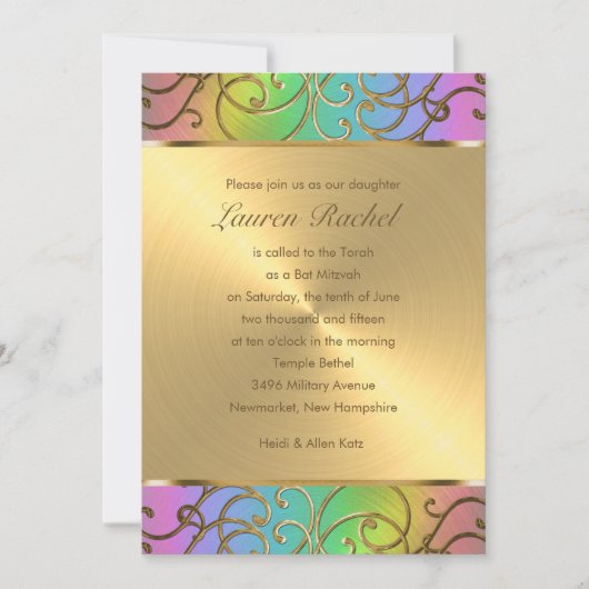 Bat Mitzvah Elegant Rainbow und Gold Filigree Einladung (Vorderseite)