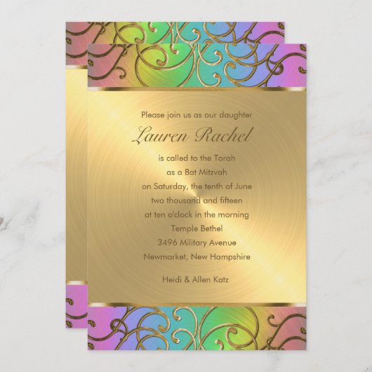Bat Mitzvah Elegant Rainbow und Gold Filigree Einladung (Vorne/Hinten)