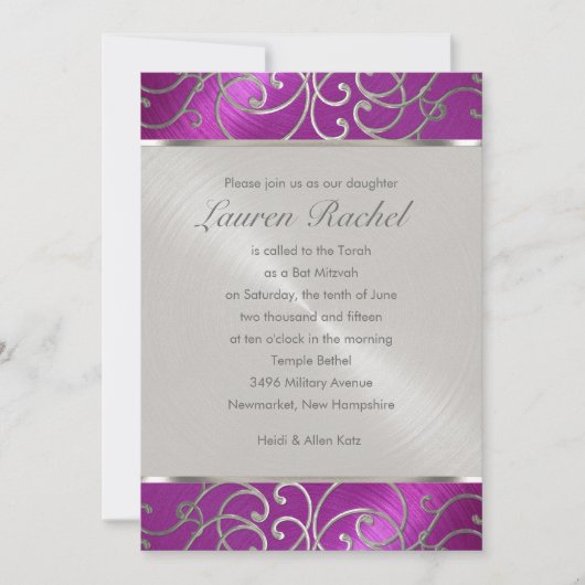 Bat Mitzvah Elegant Raspberry Pink Silver Filigree Einladung (Vorderseite)