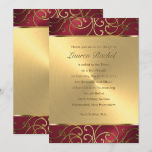 Bat Mitzvah Elegant Red and Gold Filigree Einladung