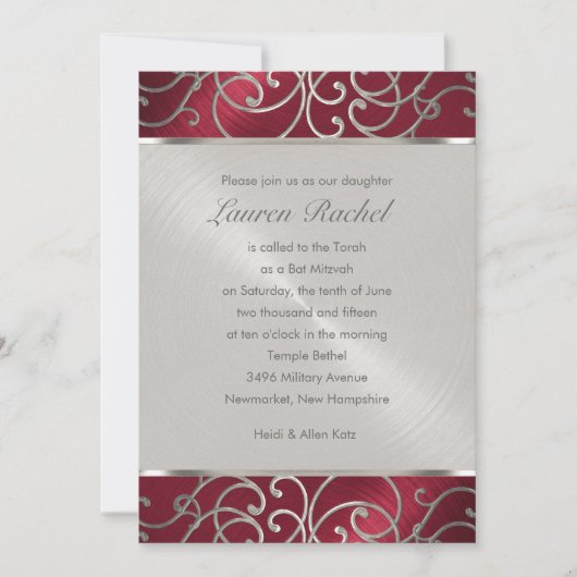 Bat Mitzvah Elegant Red und Silver Filigree Einladung (Vorderseite)