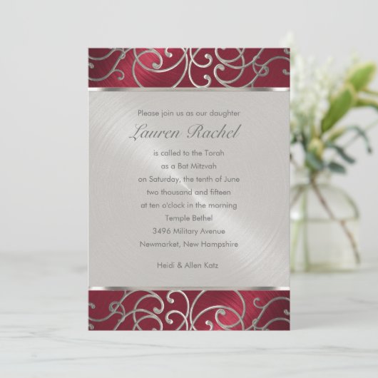 Bat Mitzvah Elegant Red und Silver Filigree Einladung (Stehend Vorderseite)