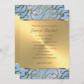 Bat Mitzvah Elegant Sky Blue und Gold Filigree Einladung (Vorne/Hinten)
