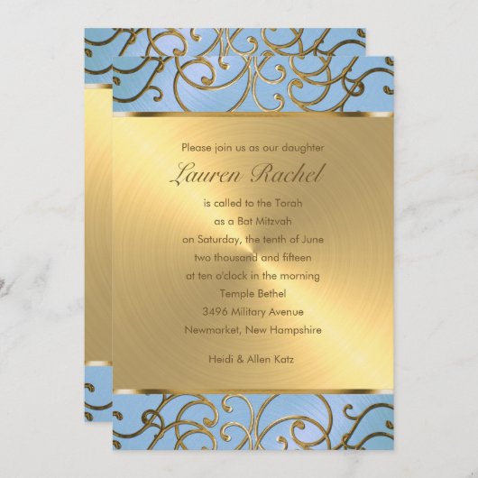 Bat Mitzvah Elegant Sky Blue und Gold Filigree Einladung (Vorne/Hinten)