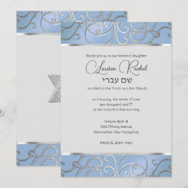 Bat Mitzvah Elegant Sky Blue und Silver Filigree Einladung