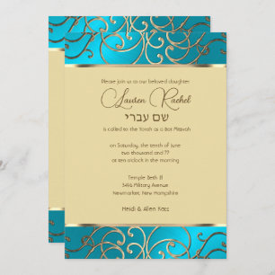 Bat Mitzvah Elegant Türkis Blue Gold Filigree Einladung