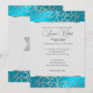 Bat Mitzvah Elegant Türkis Blue Silver Filigree Einladung