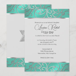 Bat Mitzvah Elegante Aqua Green Silver Filigree Einladung