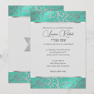 Bat Mitzvah Elegante Aqua Green Silver Filigree Einladung