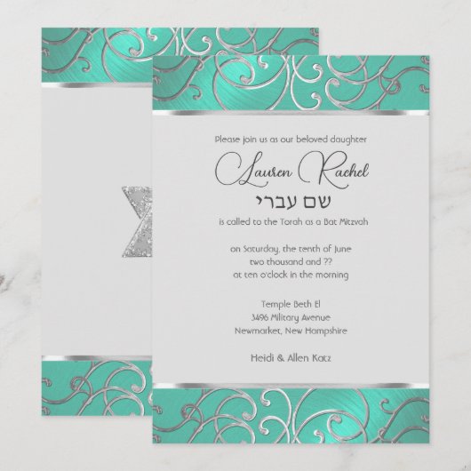 Bat Mitzvah Elegante Aqua Green Silver Filigree Einladung (Vorne/Hinten)
