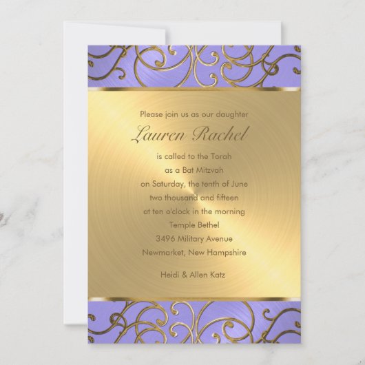 Bat Mitzvah Elegante Lavender Lila Gold Filigree Einladung (Vorderseite)
