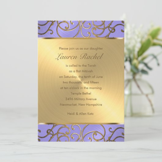 Bat Mitzvah Elegante Lavender Lila Gold Filigree Einladung (Stehend Vorderseite)