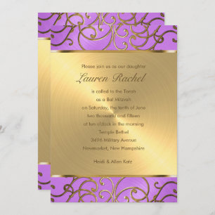 Bat Mitzvah Elegante Orchid Lila Gold Filigree Einladung