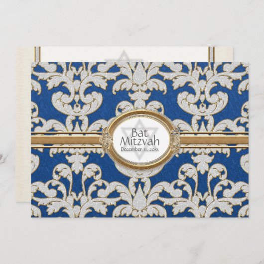 Bat Mitzvah - Eleganter Leaf Damaskus Barock Einladung (Vorne/Hinten)