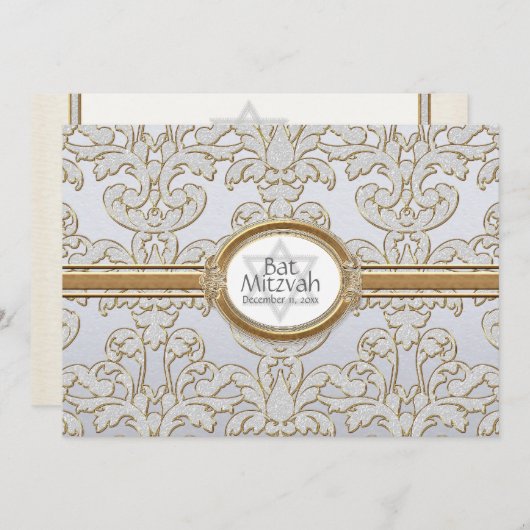 Bat Mitzvah - Eleganter Leaf Damaskus Barock Einladung (Vorne/Hinten)