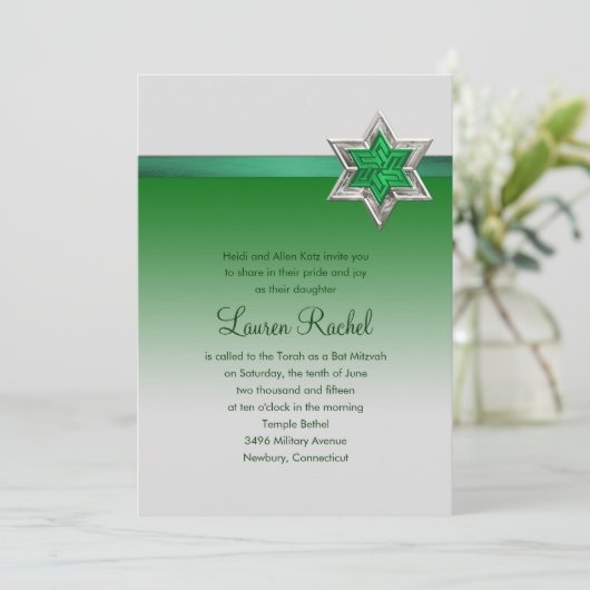 Bat Mitzvah Emerald Green Ombre Ribbon und Star Einladung (Stehend Vorderseite)
