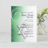 Bat Mitzvah Emerald Green Shimmer Star von David Einladung (Stehend Vorderseite)