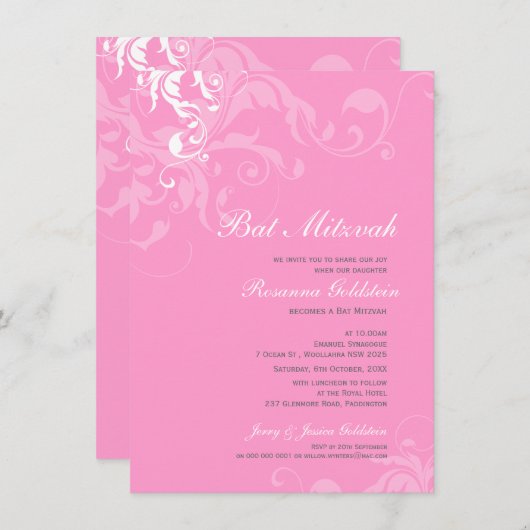 BAT MITZVAH ERSUCHT: Bella 1P Einladung (Vorne/Hinten)