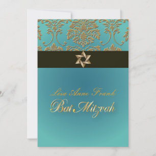 Bat Mitzvah+Faux Gold Damast/schwarz+aqua Einladung