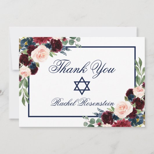 Bat Mitzvah Floral Blue Burgundy Dankeskarte (Vorderseite)
