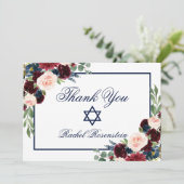 Bat Mitzvah Floral Blue Burgundy Dankeskarte (Stehend Vorderseite)