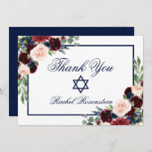 Bat Mitzvah Floral Blue Burgundy Dankeskarte (Vorne/Hinten)