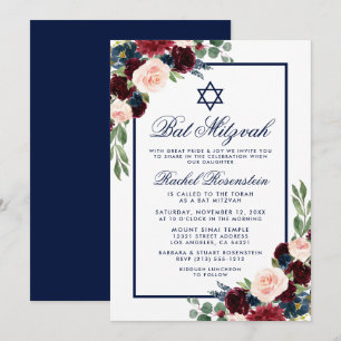Bat Mitzvah Floral Burgundy Blauer Einladung