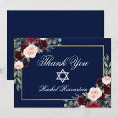 Bat Mitzvah Floral Burgundy Blue Gold Dankeskarte (Vorne/Hinten)