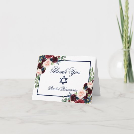 Bat Mitzvah Floral Burgundy Blue Note Dankeskarte (Vorderseite)